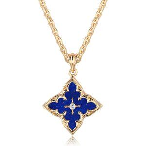 Gold Clover Necklace Women Dainty 14K Gold Dark Blue Pendant Adjustable Chain